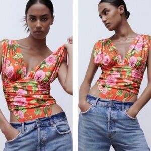 Zara Floral Draped V Neck Plunge Bodysuit Blogger Favorite